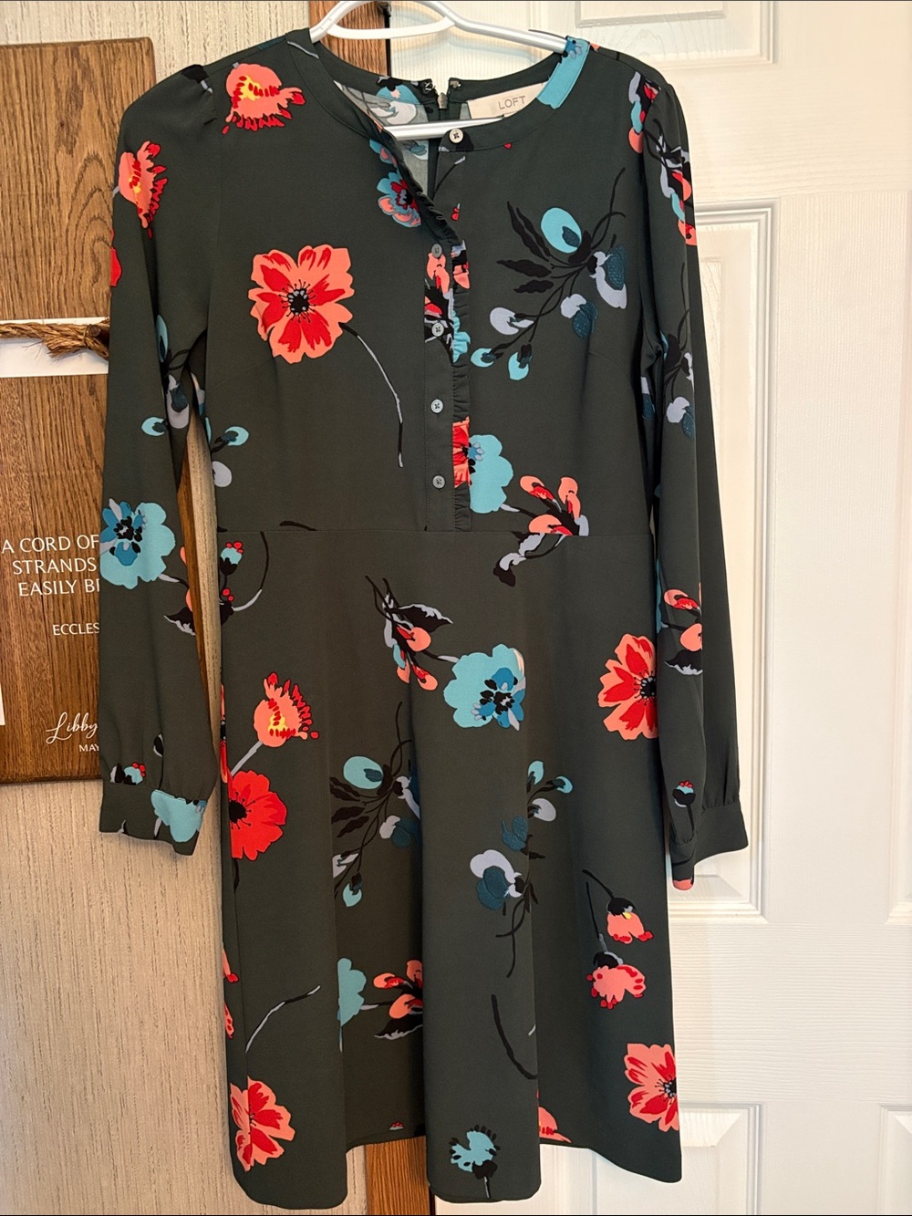 LOFT Olive Green Floral Long-Sleeve Dress